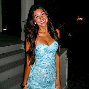 Strapless blue floral mini dress